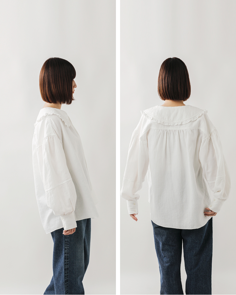 Shinzone(シンゾーン)オーガニックコットンビッグカラーギャザーブラウス“ORGANICCOTTONGAUZE/DENIMBLOUSE”24amsbl01-02