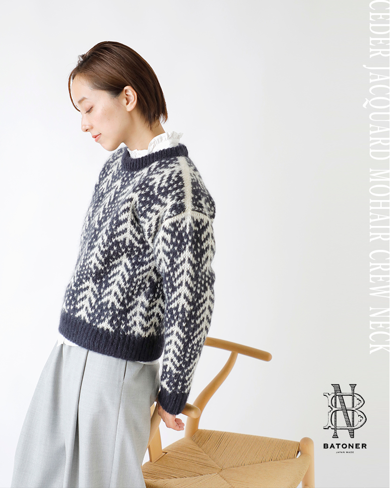 BATONER(ogi[)wAE[WK[hN[lbNjbgvI[o[gCEDERJACQUARDMOHAIRCREWNECKhbn-24fl-067