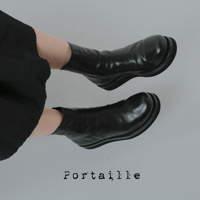 Portaille(ポルタユ)ホースレザービブラムソールドレープショートブーツf37-l4blr271