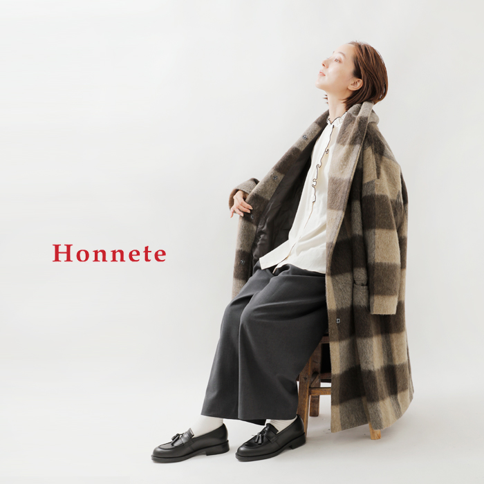 Honnete(オネット)リサイクルシャギーウールチェックショールカラーコートho-24aw-co3-same1