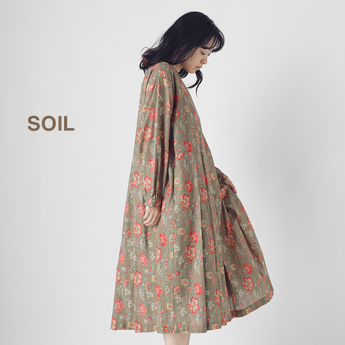 SOIL(ソイル)60sキャンブリックフラワープリントクルーネックプリーツロングスリーブドレスinsl24734