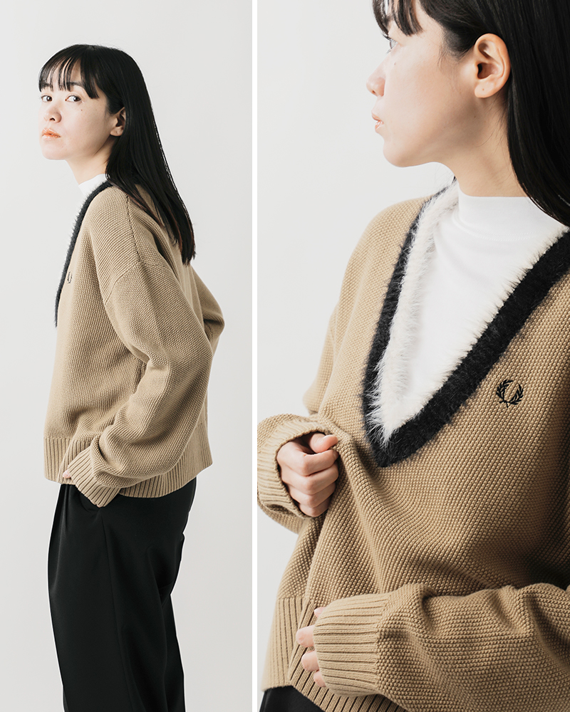 FRED PERRY(フレッド ペリー)テクスチャードトリムVネックニットプルオーバー“TEXTUREDTRIMV-NECKJUMPER”k8123