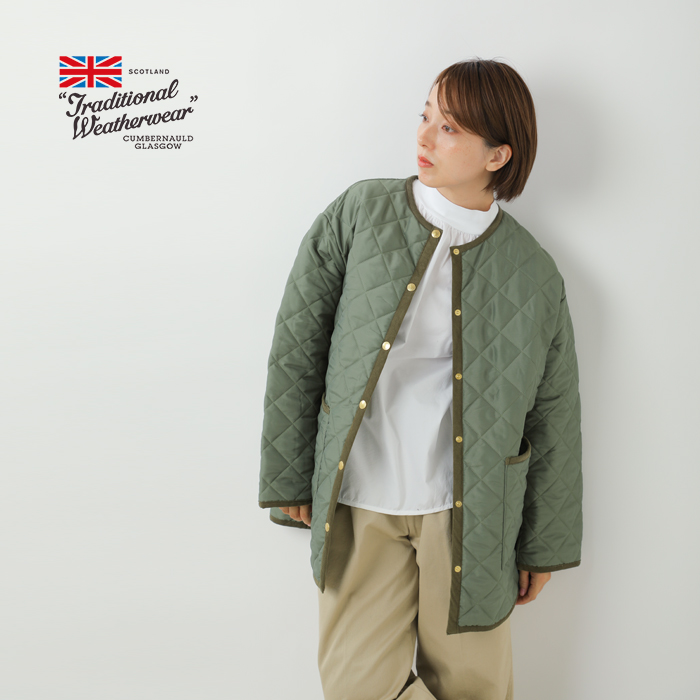 Traditional Weatherwear(トラディショナルウェザーウェア)アークリーキルティングAラインノーカラーミドルジャケット“ARKLEYMIDDLEA-LINE”l242apqco0386aa