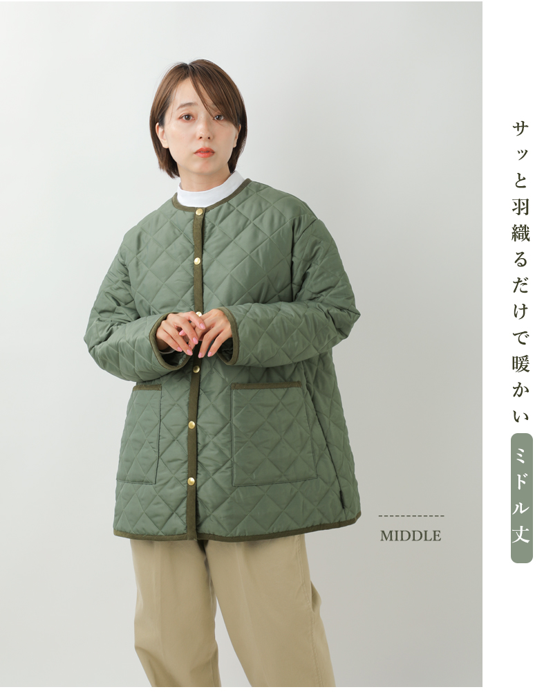 Traditional Weatherwear(トラディショナルウェザーウェア)アークリーキルティングAラインノーカラーミドルジャケット“ARKLEYMIDDLEA-LINE”l242apqco0386aa