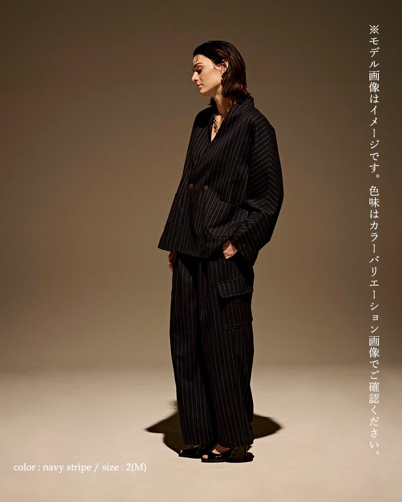 kha:ki(カーキ)チョークストライプカラーレスWブレストジャケット“COLLARLESSSTRIPEJACKET”mil24fjk3229