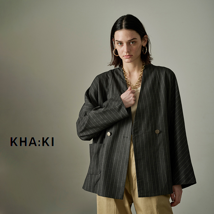 kha:ki(カーキ)チョークストライプカラーレスWブレストジャケット“COLLARLESSSTRIPEJACKET”mil24fjk3229