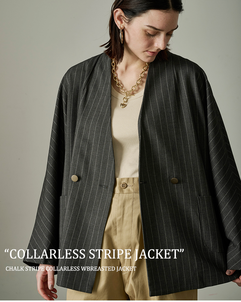 kha:ki(カーキ)チョークストライプカラーレスWブレストジャケット“COLLARLESSSTRIPEJACKET”mil24fjk3229