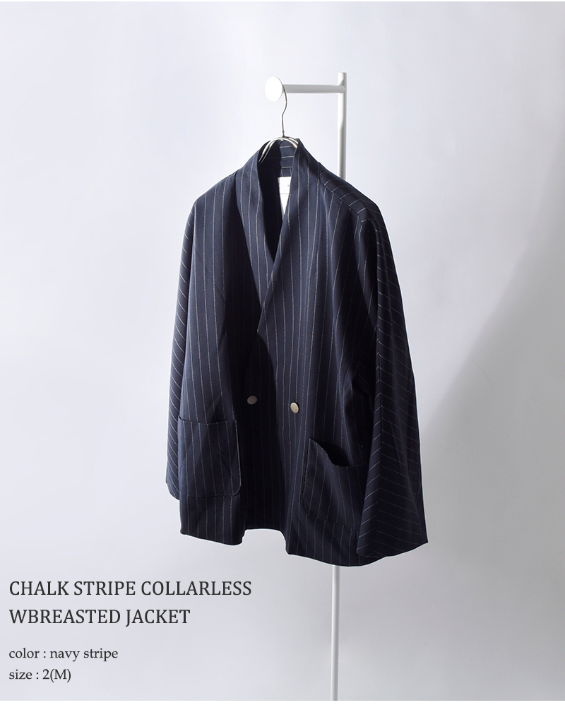 kha:ki(カーキ)チョークストライプカラーレスWブレストジャケット“COLLARLESSSTRIPEJACKET”mil24fjk3229