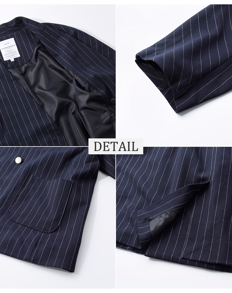 kha:ki(カーキ)チョークストライプカラーレスWブレストジャケット“COLLARLESSSTRIPEJACKET”mil24fjk3229