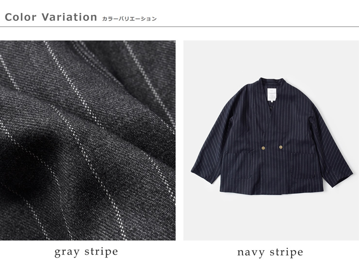 kha:ki(カーキ)チョークストライプカラーレスWブレストジャケット“COLLARLESSSTRIPEJACKET”mil24fjk3229