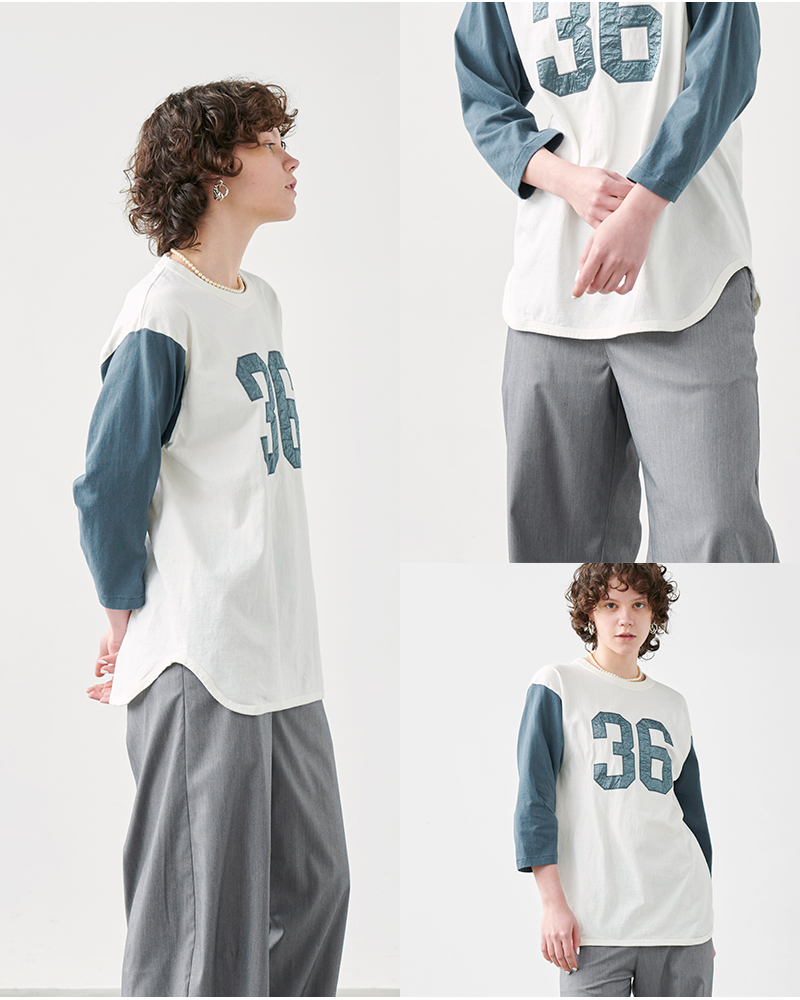 kha:ki(カーキ)コットン天竺8分袖ワイドバイカラーベースボールTシャツ“8thSLEEVETEE36”mil24scs3407