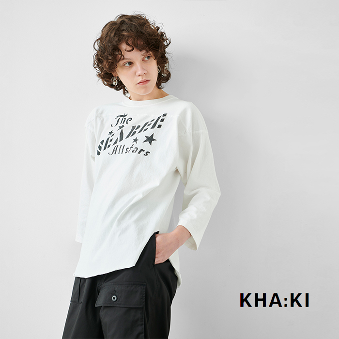 kha:ki(カーキ)コットン天竺8分袖ワイドフットボールTシャツ“8thSLEEVETEESTENCIL”mil24scs3408