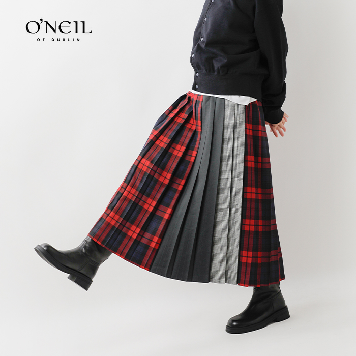 ONEIL OF DUBLIN(オニールオブダブリン)ウールパッチワークプリーツスカートpatchwork-p-longskirt