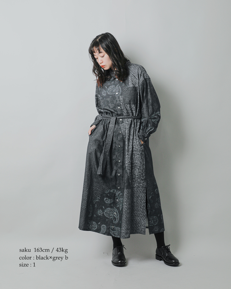 ENGINEERED GARMENTS(エンジニアド ガーメンツ)コットンパターンブロックプリントバンドカラードレス“BandedCollarDress”ps532