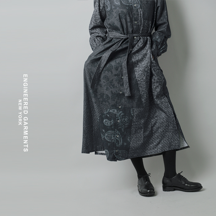 ENGINEERED GARMENTS(エンジニアド ガーメンツ)コットンパターンブロックプリントバンドカラードレス“BandedCollarDress”ps532