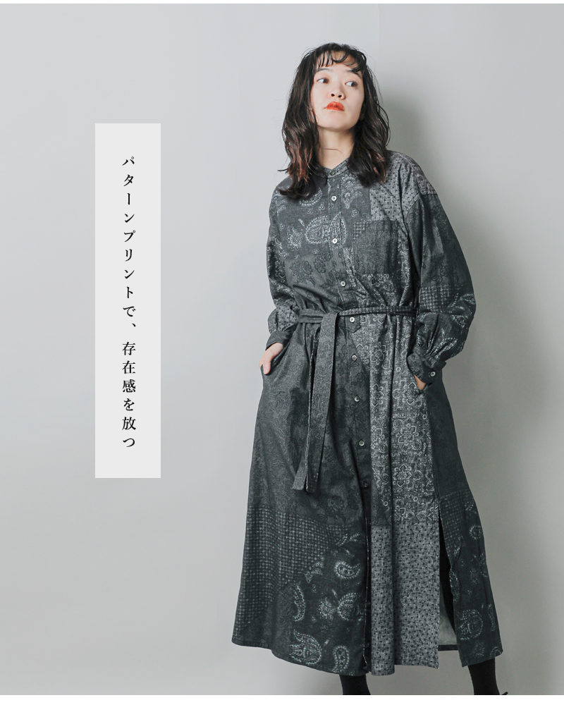 ENGINEERED GARMENTS(エンジニアド ガーメンツ)コットンパターンブロックプリントバンドカラードレス“BandedCollarDress”ps532