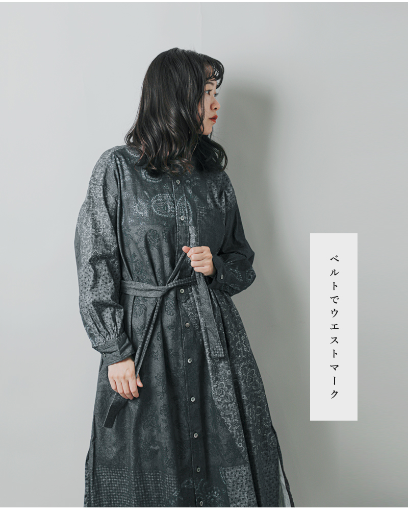 ENGINEERED GARMENTS(エンジニアド ガーメンツ)コットンパターンブロックプリントバンドカラードレス“BandedCollarDress”ps532