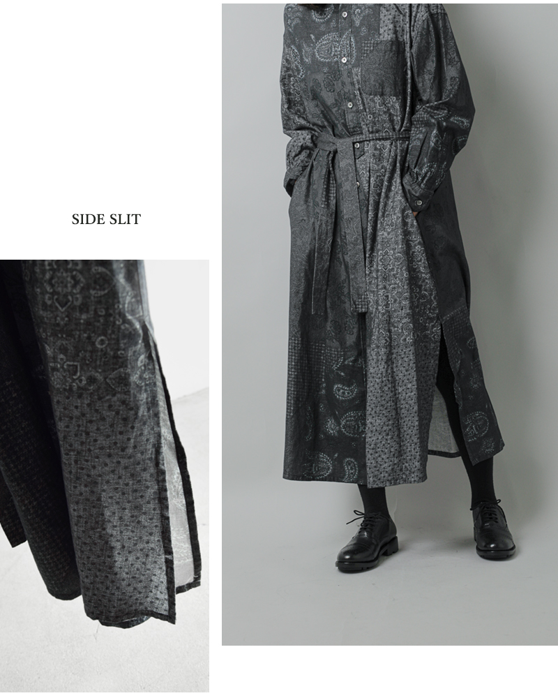 ENGINEERED GARMENTS(エンジニアド ガーメンツ)コットンパターンブロックプリントバンドカラードレス“BandedCollarDress”ps532