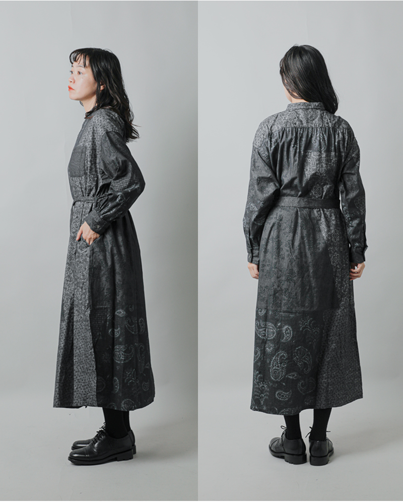 ENGINEERED GARMENTS(エンジニアド ガーメンツ)コットンパターンブロックプリントバンドカラードレス“BandedCollarDress”ps532