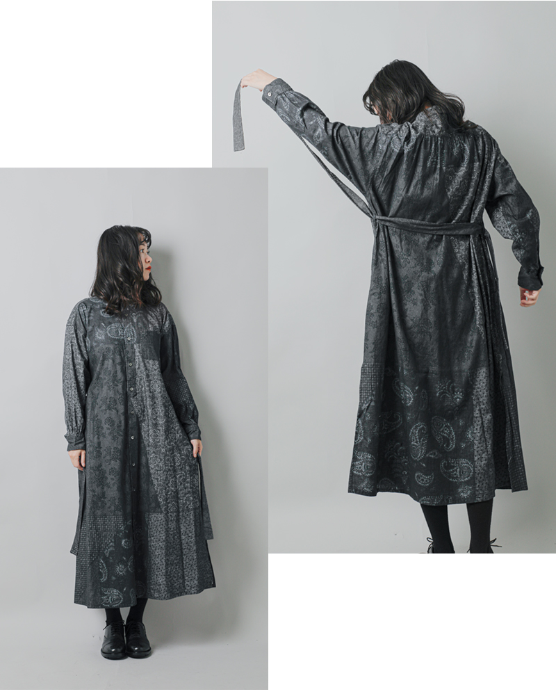 ENGINEERED GARMENTS(エンジニアド ガーメンツ)コットンパターンブロックプリントバンドカラードレス“BandedCollarDress”ps532