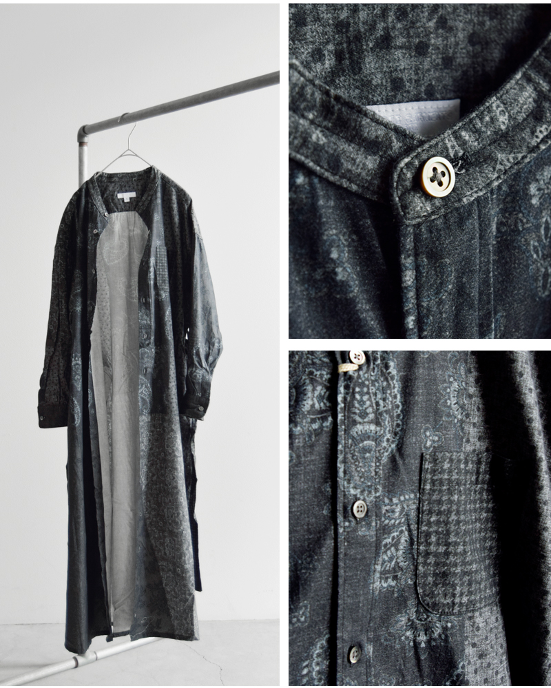 ENGINEERED GARMENTS(エンジニアド ガーメンツ)コットンパターンブロックプリントバンドカラードレス“BandedCollarDress”ps532