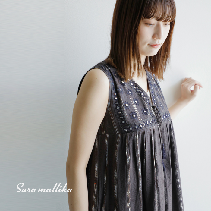 Sara Mallika(サラマリカ)コットンルレックスストライプミラー刺繍ドレス020541sh1