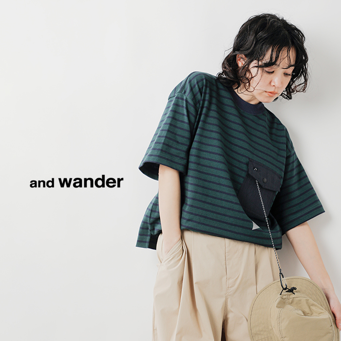 and wander(アンドワンダー)コットンストライプポケットハーフスリーブTシャツ“stripepocketH/ST”574-4184305