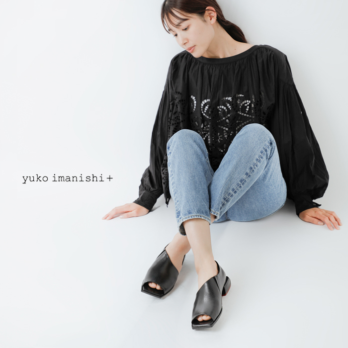 yuko imanishi+(ユウコイマニシプラス)キップレザースクエアトゥサイドオープンサンダル722043-1