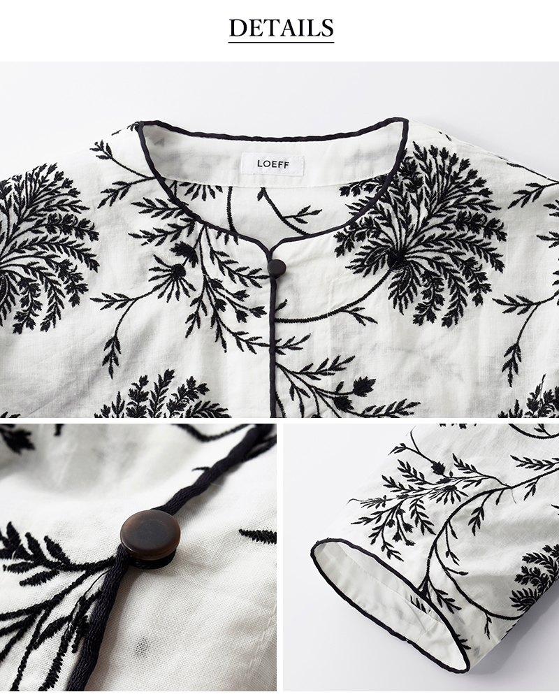 LOEFF(ロエフ)コットンフラワー刺繍ノーカラーシャツ8811-299-0061