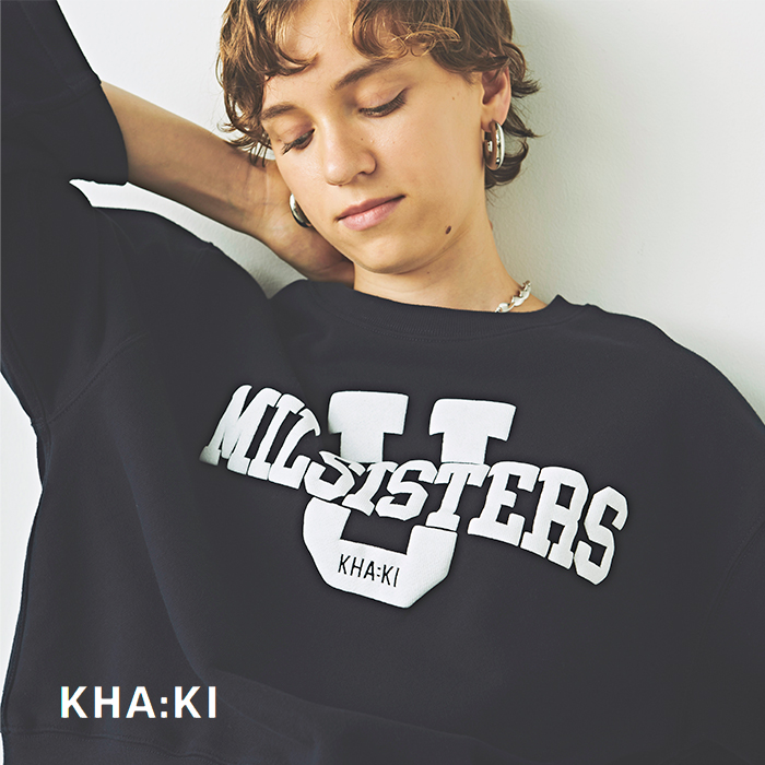 kha:ki(カーキ)カレッジロゴ七分袖裏パイルスウェットシャツ“7thSLEEVESWEATSHIRT/MILUNI”mil24hcs3392