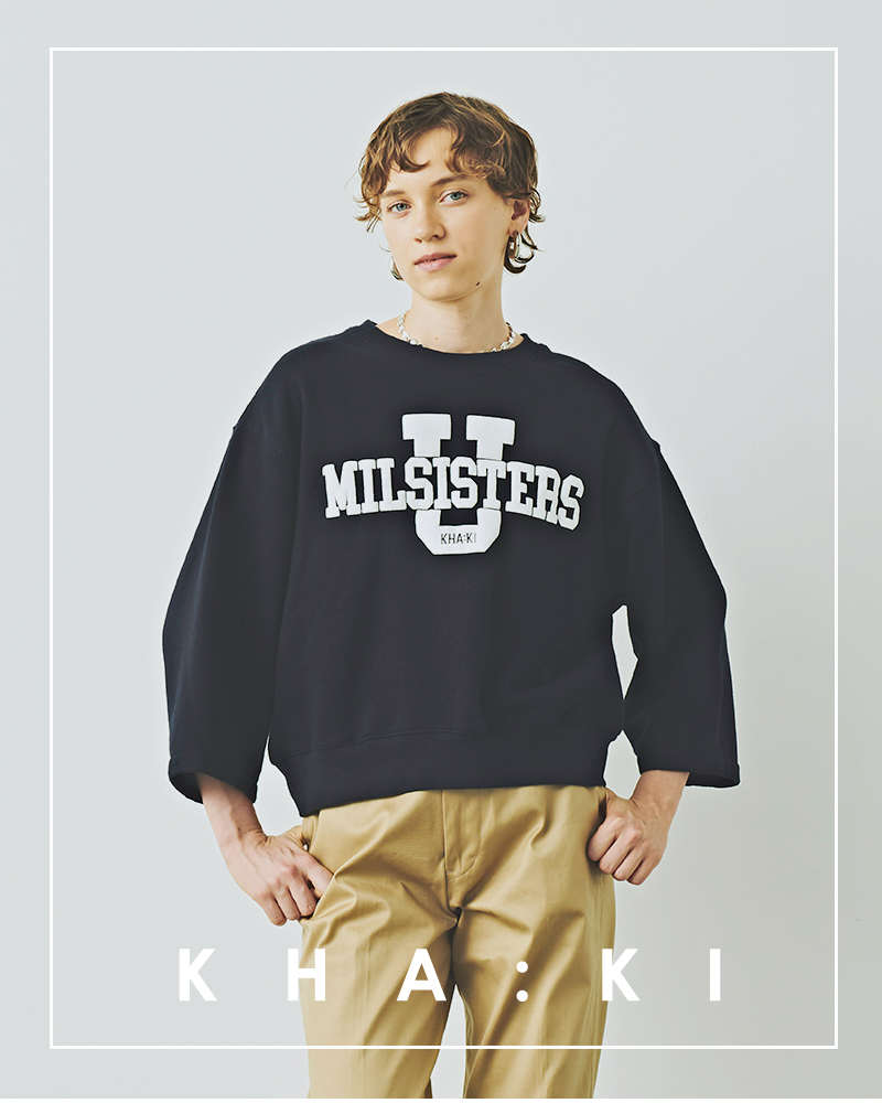 kha:ki(カーキ)カレッジロゴ七分袖裏パイルスウェットシャツ“7thSLEEVESWEATSHIRT/MILUNI”mil24hcs3392