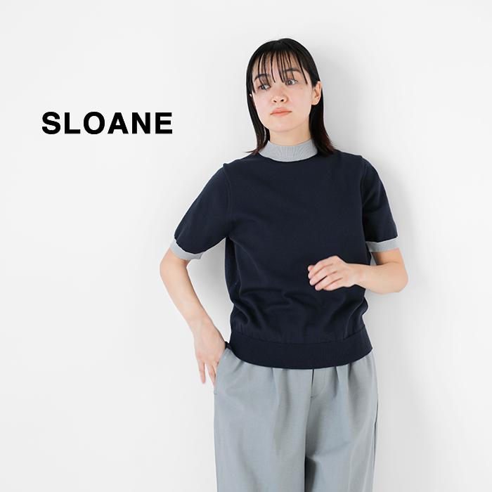 SLOANE(スローン)12Gコットン天竺ブレンドバイカラー半袖モックネックプルオーバーsl8s-593