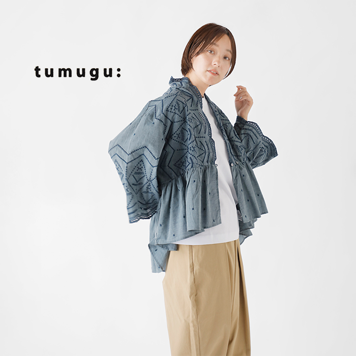 tumugu(ツムグ)コットンカットワーク刺繍シャンブレーブラウスtb24233