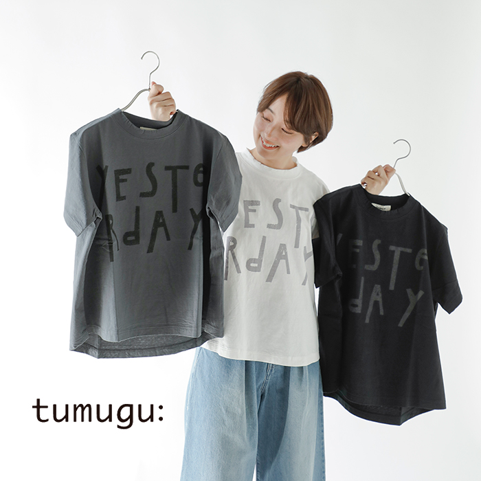 tumuguラフィ天竺コットンロゴプリントハーフスリーブTシャツ”yesterday”tc24105