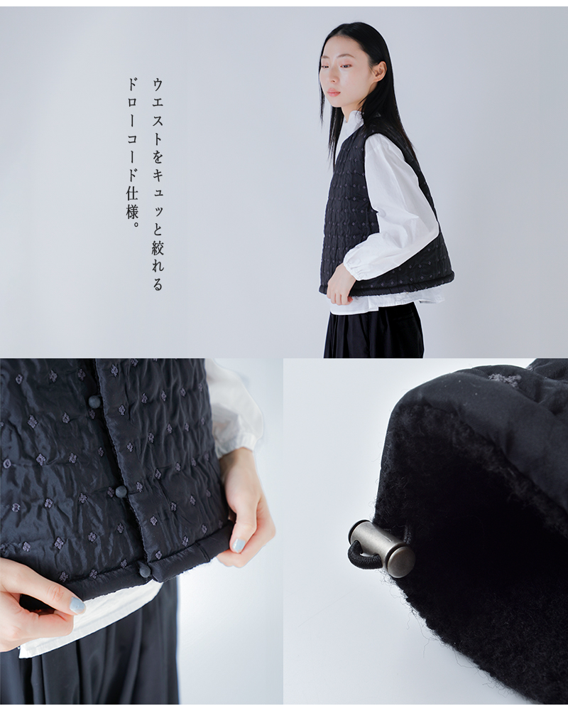 qiri(キリ)フラワードットキルトジャガードリバーシブルベスト“flowerdotquiltJQshortreversiblevest”63-01-bl-008-25-2