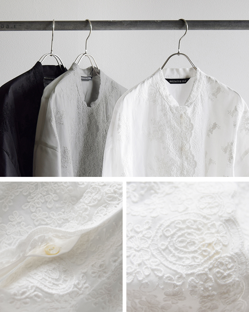 mizuiro ind(ミズイロインド)コットンレーススタンドカラーワイドシャツ1-239005