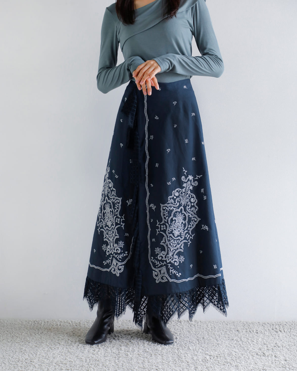 美品✨CELINE カシミア入り　スカート CREDONA クレドナ コットン レース 刺繍 ラップ スカート