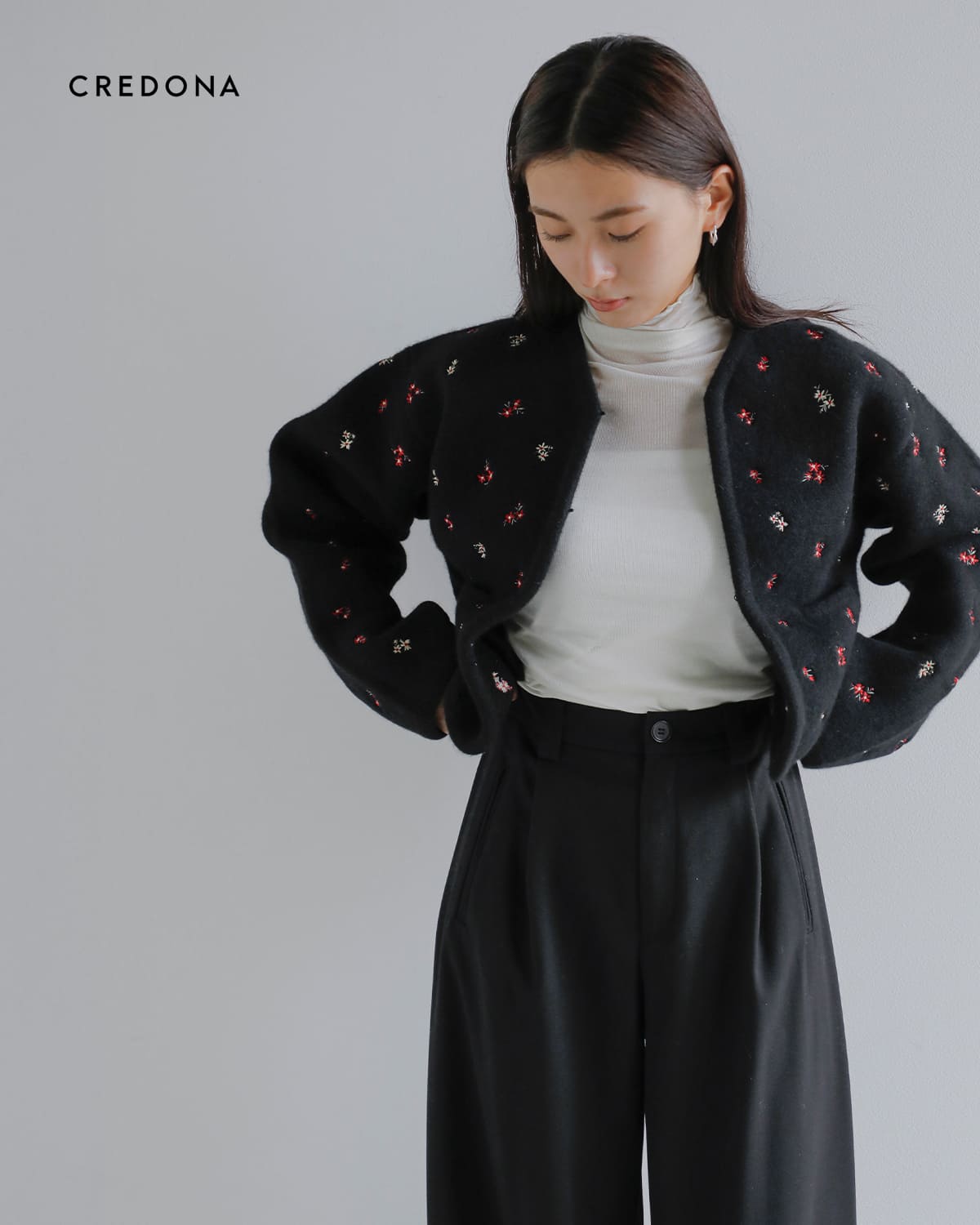 CREDONA(クレドナ)ウールブレンド ブークレ フラワー 刺繍 ニット ジャケット “FLOWER EMBROIDERY KNIT JACKET”1425511389-0