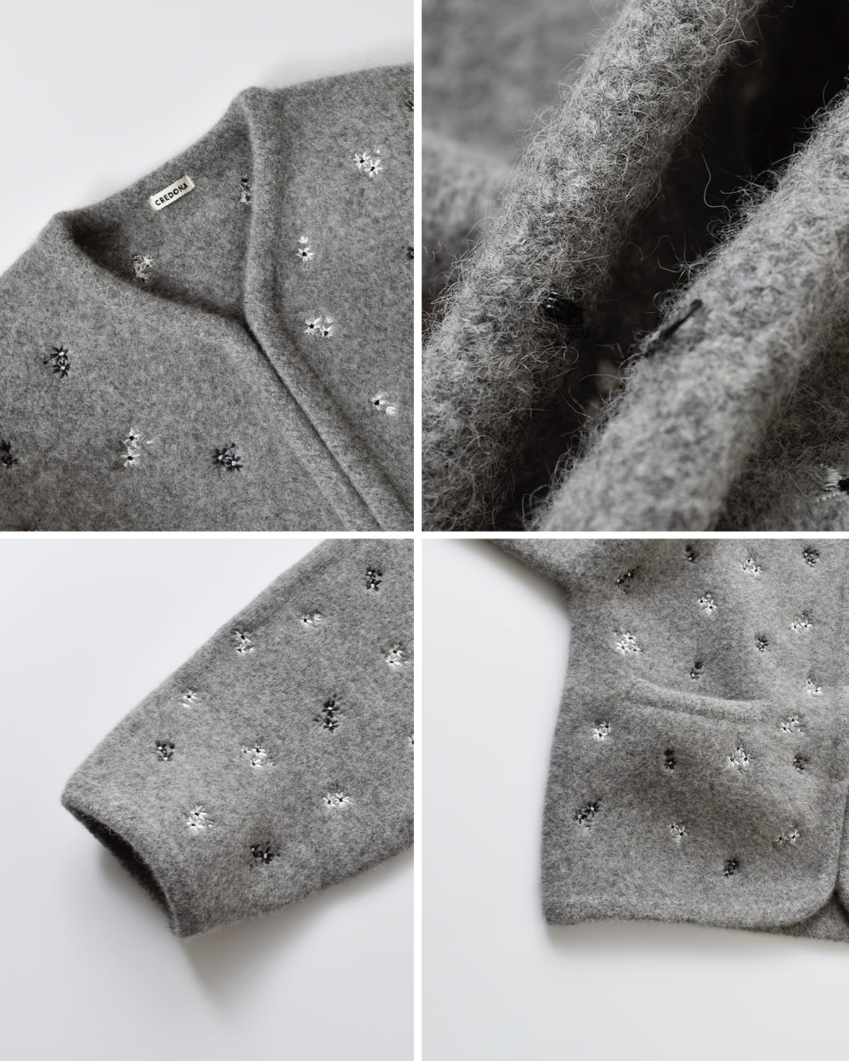 CREDONA(クレドナ)ウールブレンドブークレフラワー刺繍ニットジャケット “FLOWER EMBROIDERY KNIT JACKET” 1425511389-0