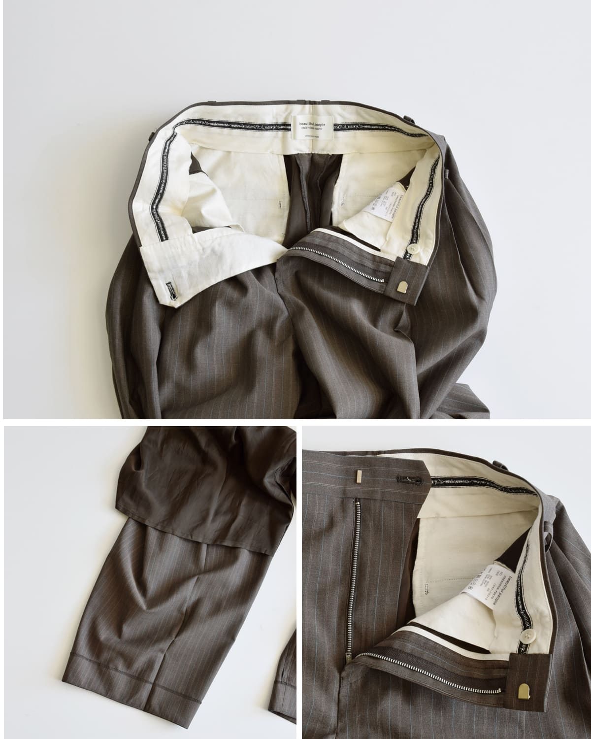 beautiful people(ビューティフルピープル)ウールシルクサイドタックワイドパンツ1545105013 “Sheer stripe suiting side tuck widepants” 1545105013