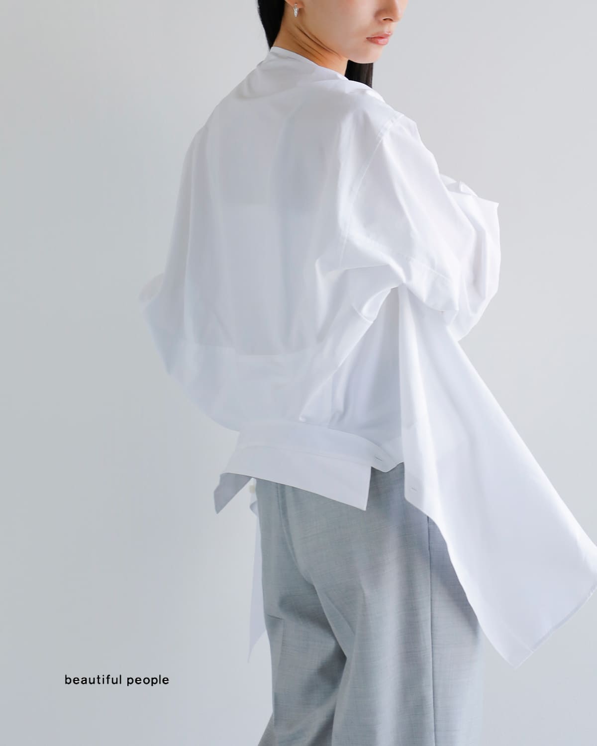 beautiful people(ビューティフルピープル)フィンクスコットン 2way ストライプ ラッフル シャツ “Double-end finx stripe ruffle shirt”1545106006