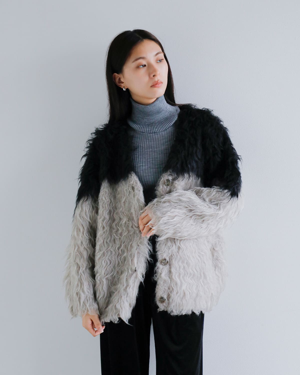 CLANE(クラネ)バイカラーシャギーニットカーディガン 19106-2152