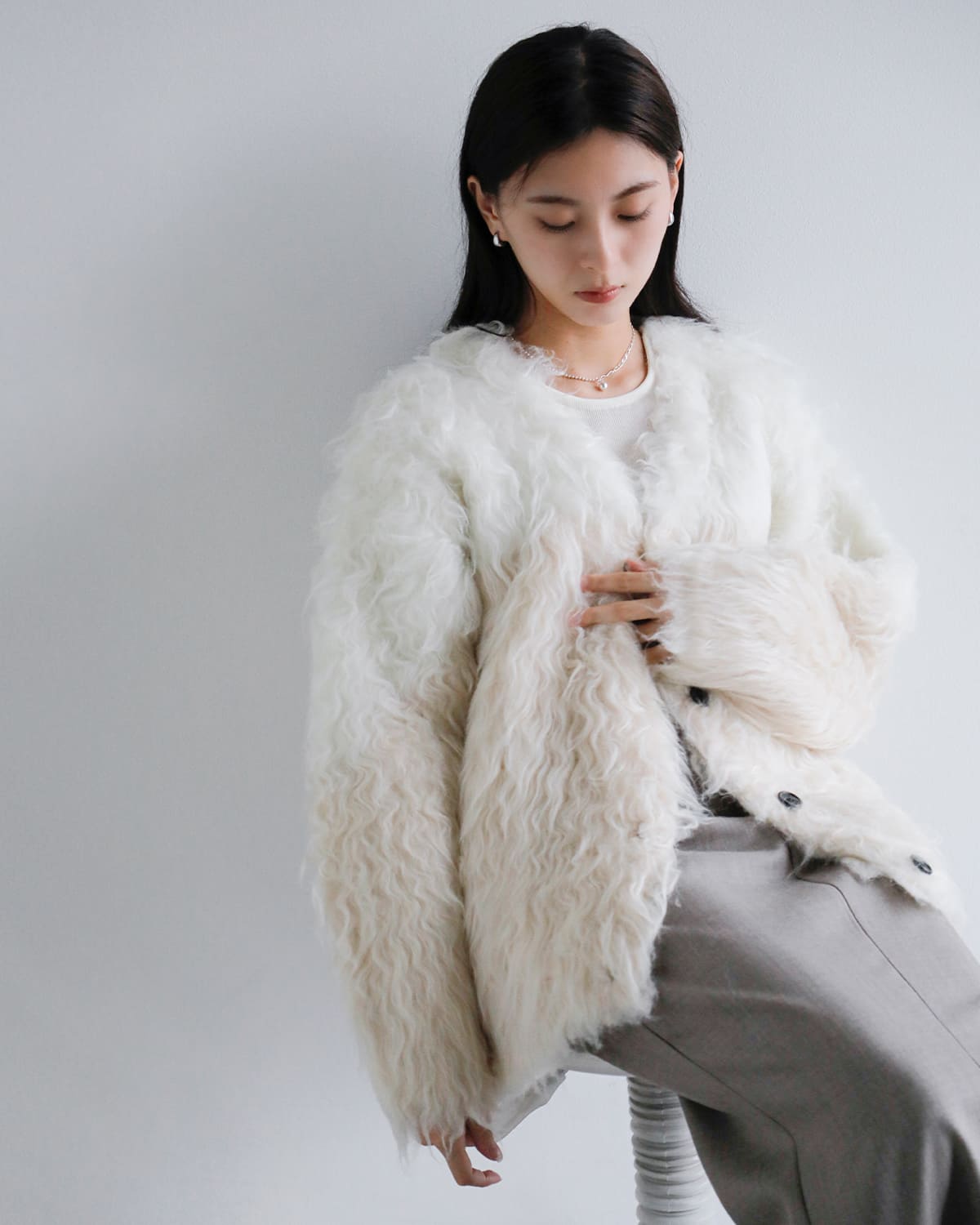 CLANE(クラネ)バイカラーシャギーニットカーディガン 19106-2152