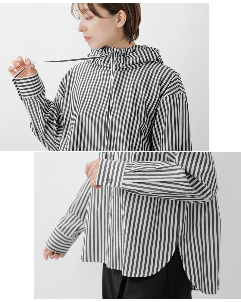 mizuiro ind(ミズイロインド)コットンストライプフーデッドシャツ3-230100