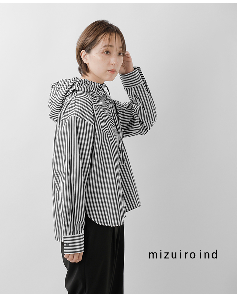 mizuiro ind(ミズイロインド)コットンストライプフーデッドシャツ3-230100