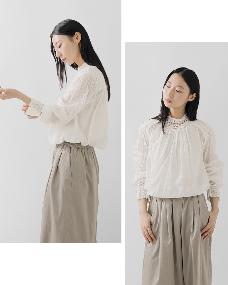 bon vieux temps(ボンビュータン)コットンローンレーススタンドカラーブラウス31184