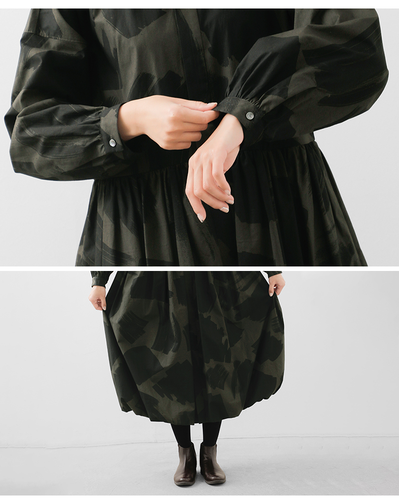 HAVERSACK(ハバーサック)コットンスクエアブラッシュプリントバンドカラーロングワンピース322521