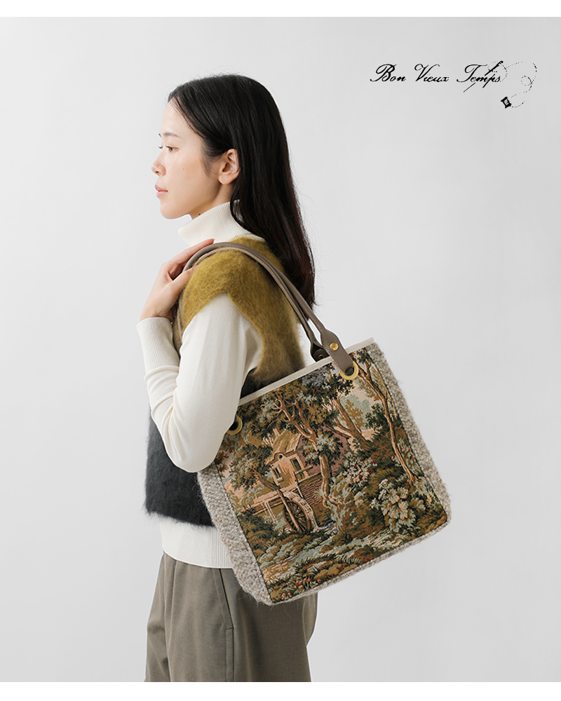 bon vieux temps(ボンビュータン)カウレザーハンドルジャガードトートバッグ51746