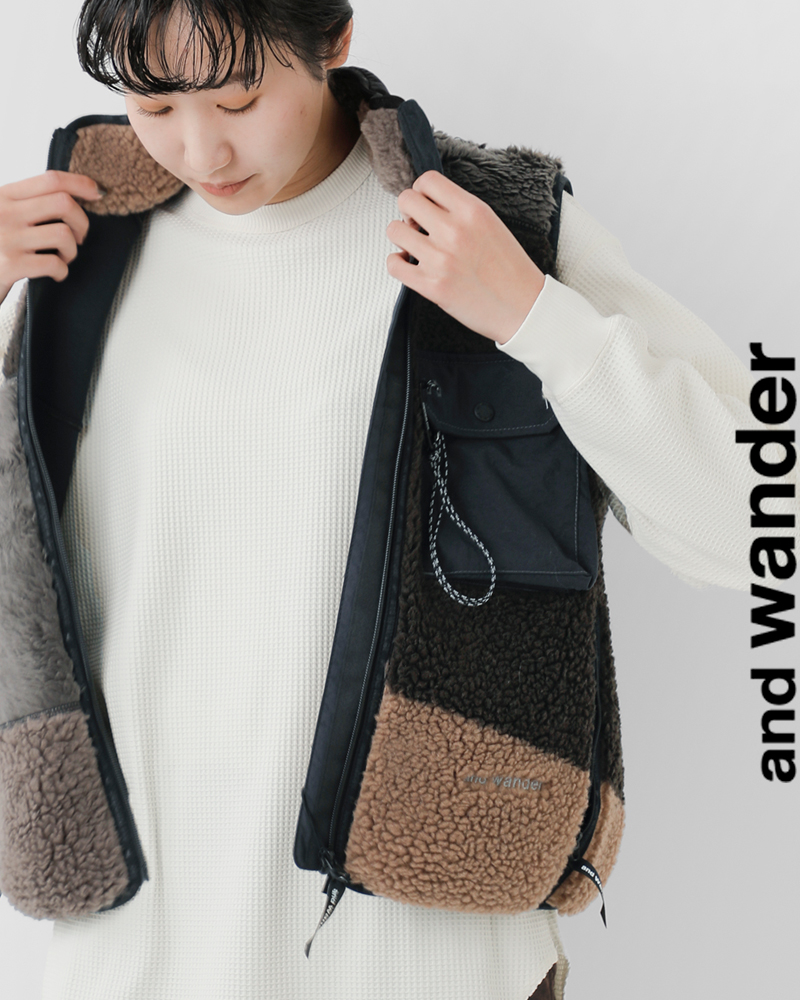 and wanderミックス ボア ベスト “Mix boa vest” 574-5281058
