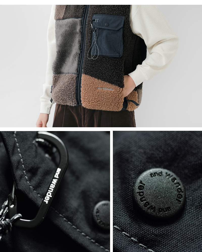 and wanderミックス ボア ベスト “Mix boa vest” 574-5281058